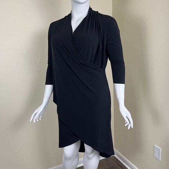 Clara Sun Woo Women's Size XL Black Drape Crossover Tulip Midi Dress Minimalist - Picture 7 of 12